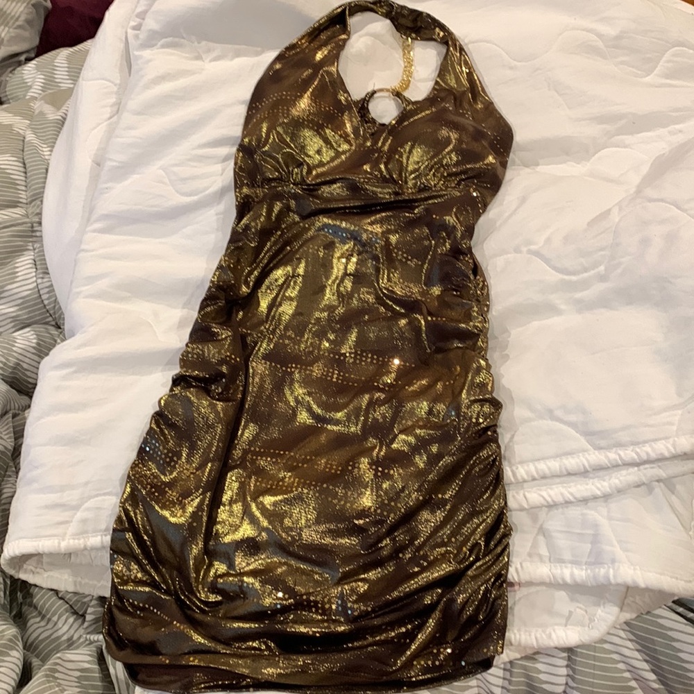 Gold mini halter dress